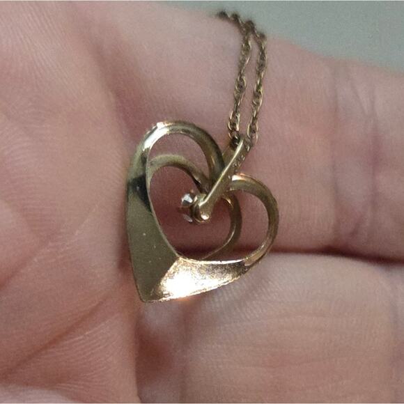 Vintage 14K GF Heart Diamond Pendant Necklace PPC 3d Raised Double Heart - Picture 9 of 11